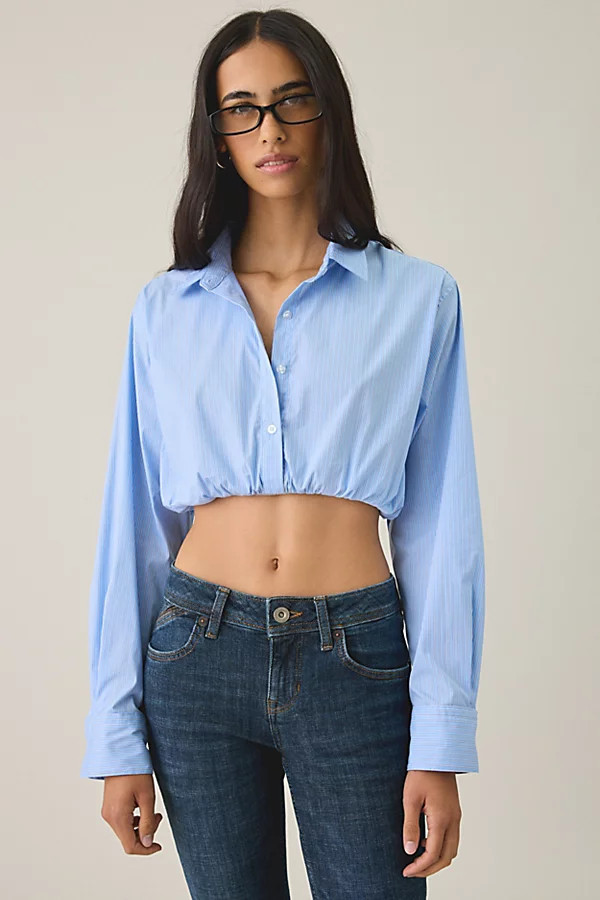 BDG In The Mix Cropped Button-Down Shirt in Blue, Women's at Urban Outfitters | Urban Outfitters (US and RoW)