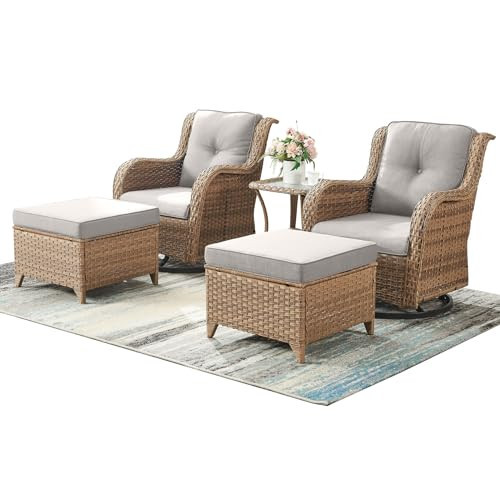 Rilyson Patio Furniture Swivel Chairs Set - 5 Piece Rattan Wicker Outdoor Sectional Conversation Sets with 2 Swivel Rocking Chairs,2 Ottomans and 1 Side Table for Porch Deck Garden(Yellow/Beige) | Amazon (US)