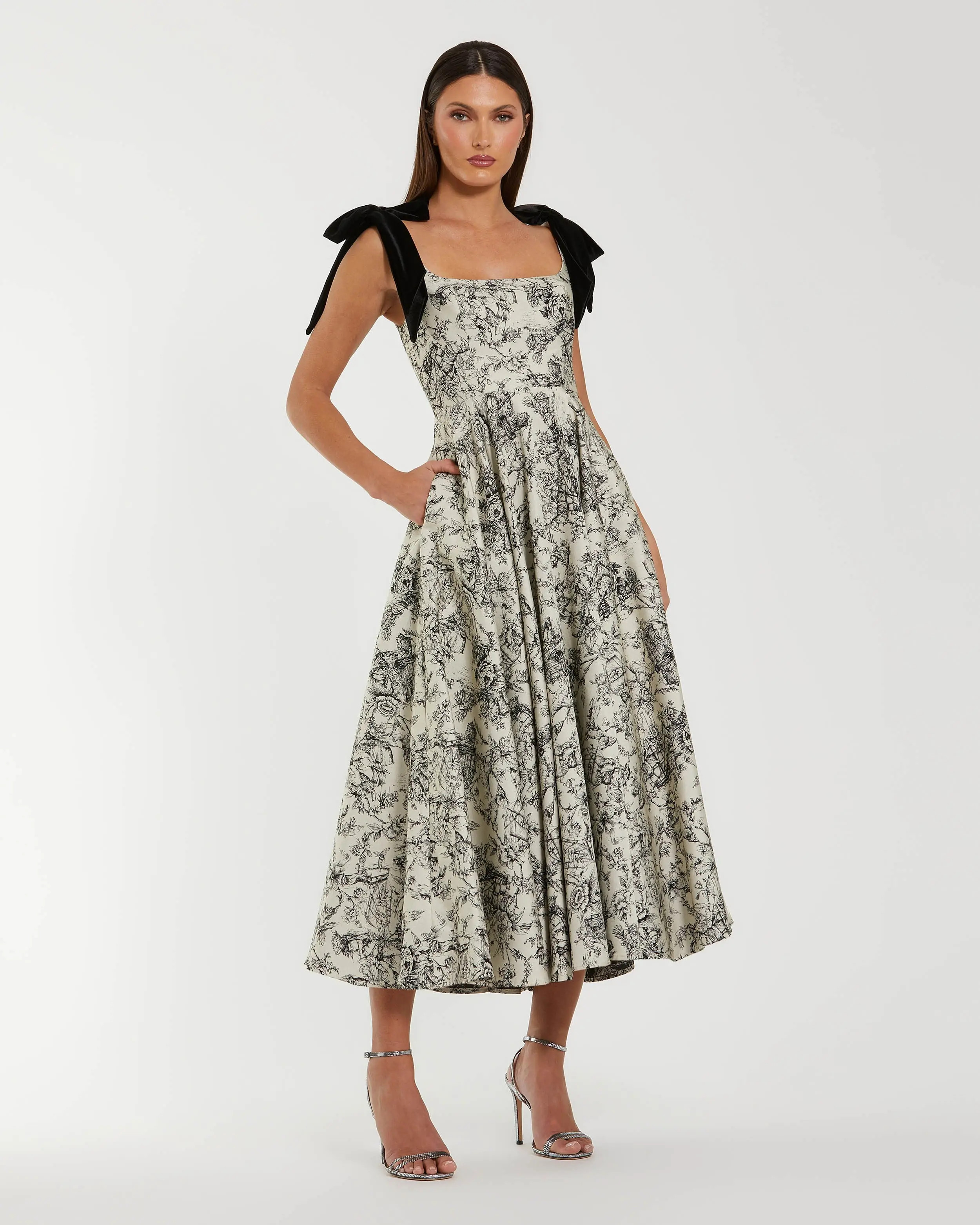 Black Ivory Printed A Line Midi Dress With Bow Straps | Mac Duggal