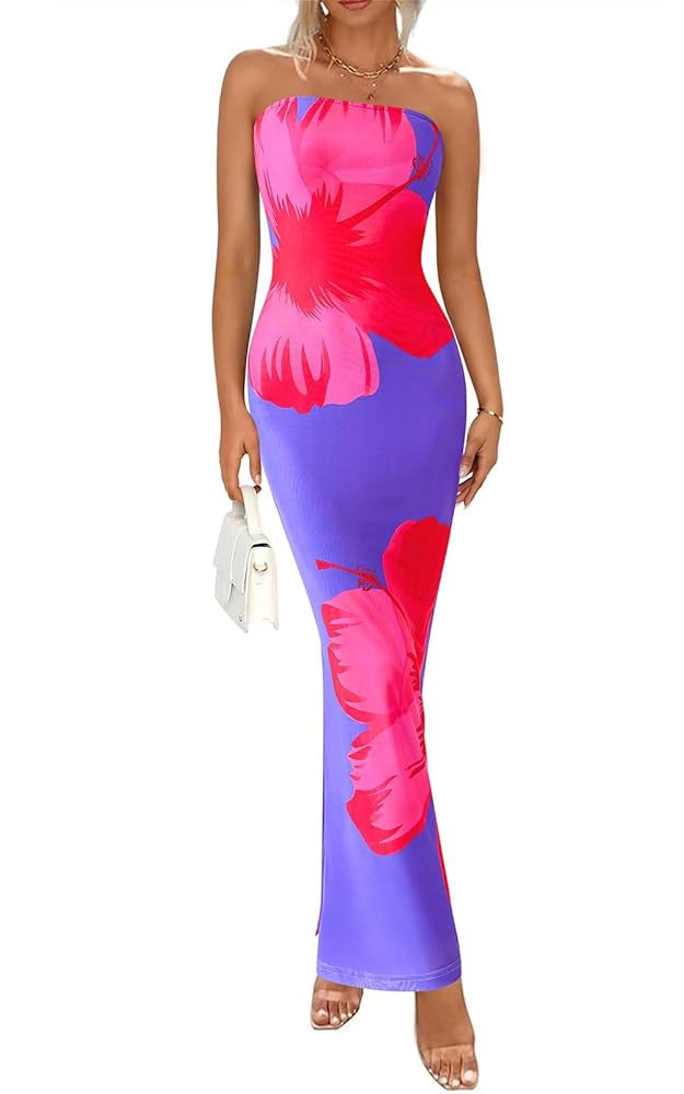 PRETTYGARDEN Strapless Bodycon Floral Maxi Summer Dresses for Women 2025 Elegant Classy Tube Top ... | Amazon (US)