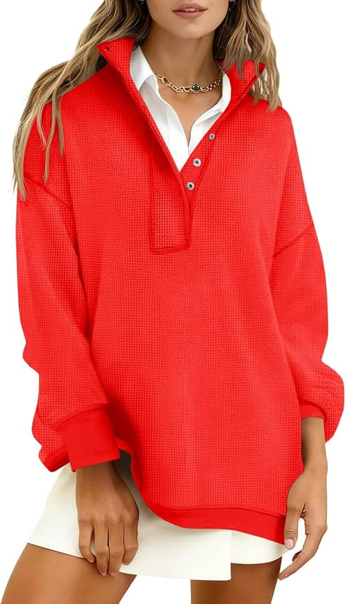 Fisoew Womens Waffle Knit Oversized Sweatshirt Casual Snap Stand Collar Long Sleeve Pullover Tops... | Amazon (US)