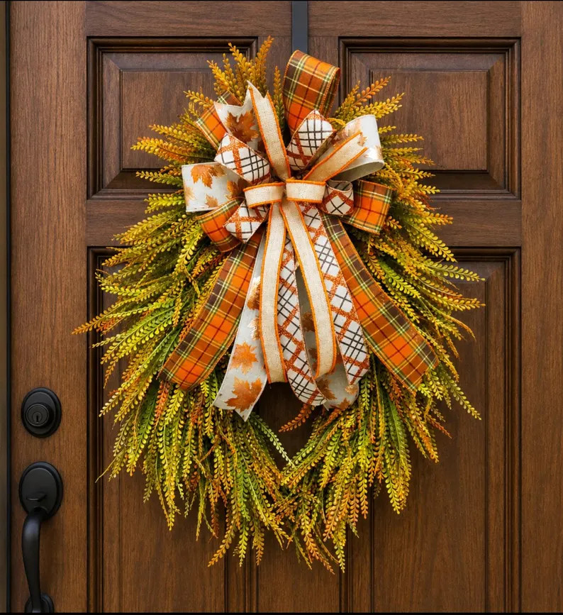 Handcrafted Fall Teardrop Wreath, Autumn Greenery, Plaid Ribbon, Farmhouse Porch Decor | Etsy (Global)