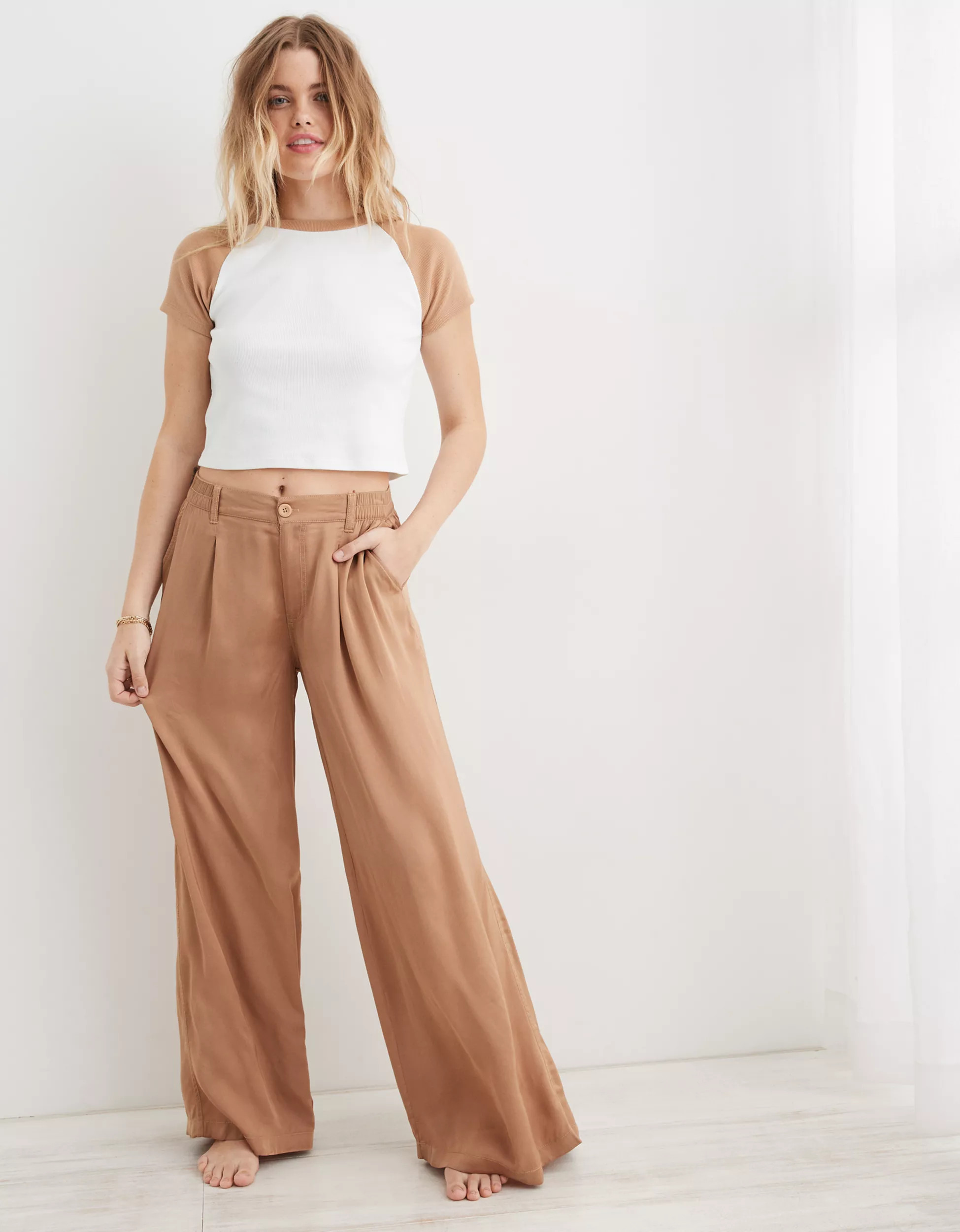 Aerie High Waisted Shine Wide Leg Pant | Aerie
