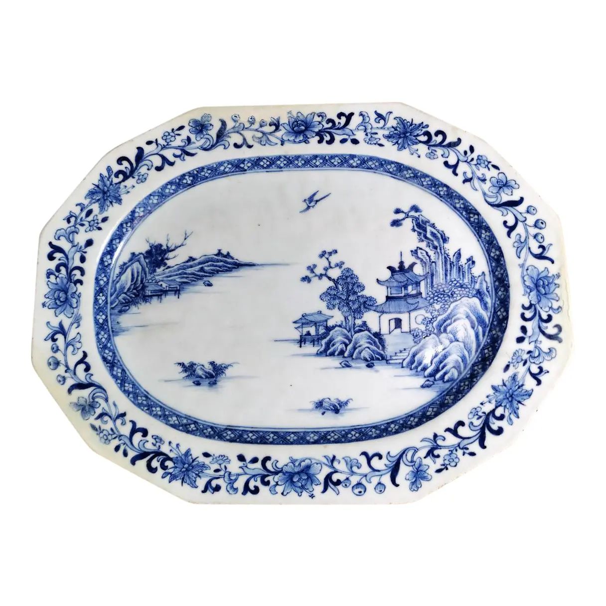 Mid 18th Century Chinese Handpainted Blue and White Porcelain Tray | Chairish