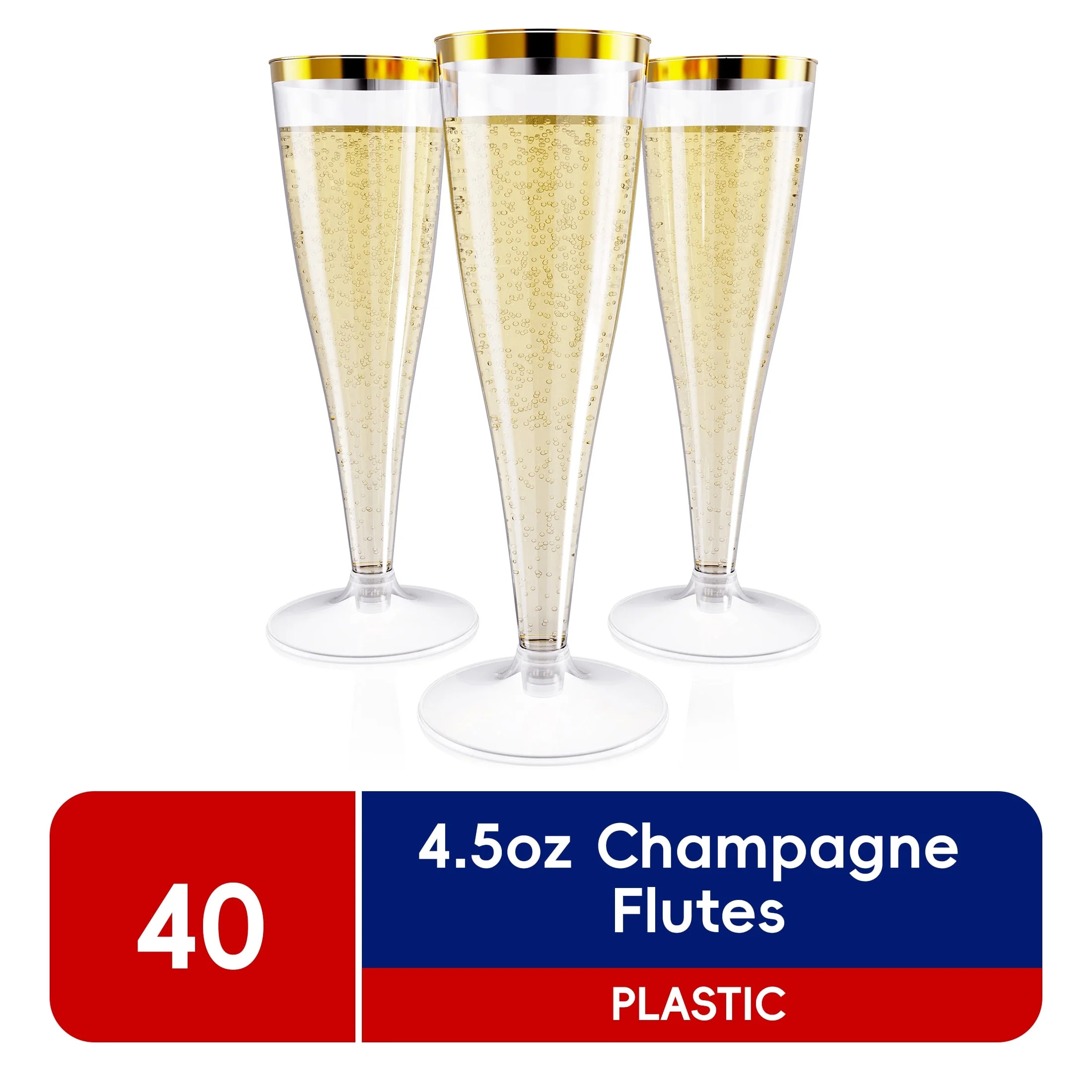 JOLLY CHEF Disposable Plastic Champagne Flutes,Gold Rim,4.5 oz,40 Pack | Walmart (US)