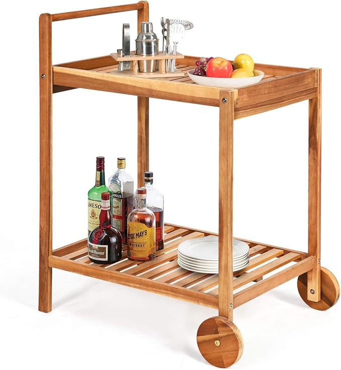 Tangkula Outdoor Acacia Wood Serving Cart, Patio Bar Cart Rolling Trolley Cart with 2 Trays, Port... | Amazon (US)