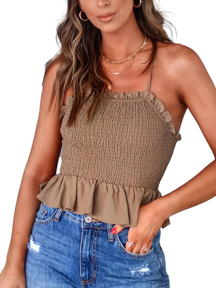 LYANER Women's Frill Shirred Ruffle Hem Square Neck Smocked Sleeveless Strappy Cami Blouse Peplum To | Amazon (US)
