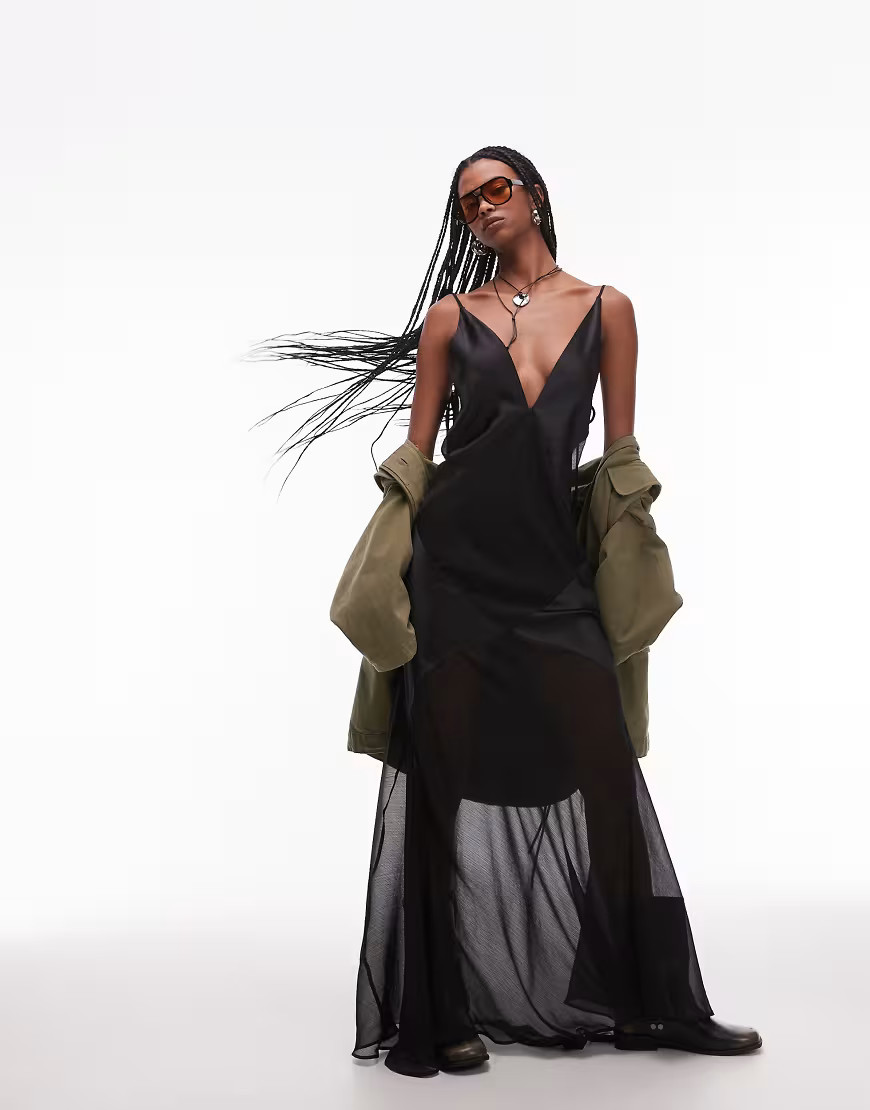 ASOS DESIGN satin sheer panel maxi slip dress in black | ASOS (Global)