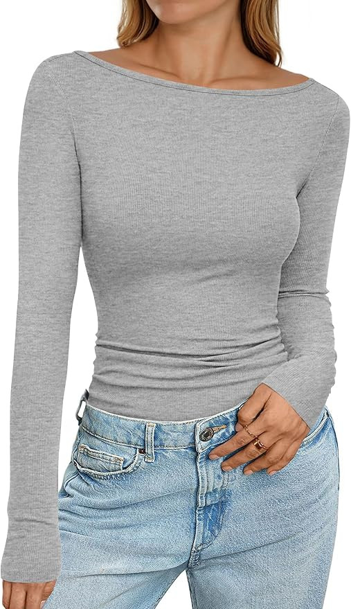PRETTYGARDEN Long Sleeve Shirts for Women 2026 Fall Boat Neck Ribbed Knit Ruched Spring Going Out... | Amazon (US)