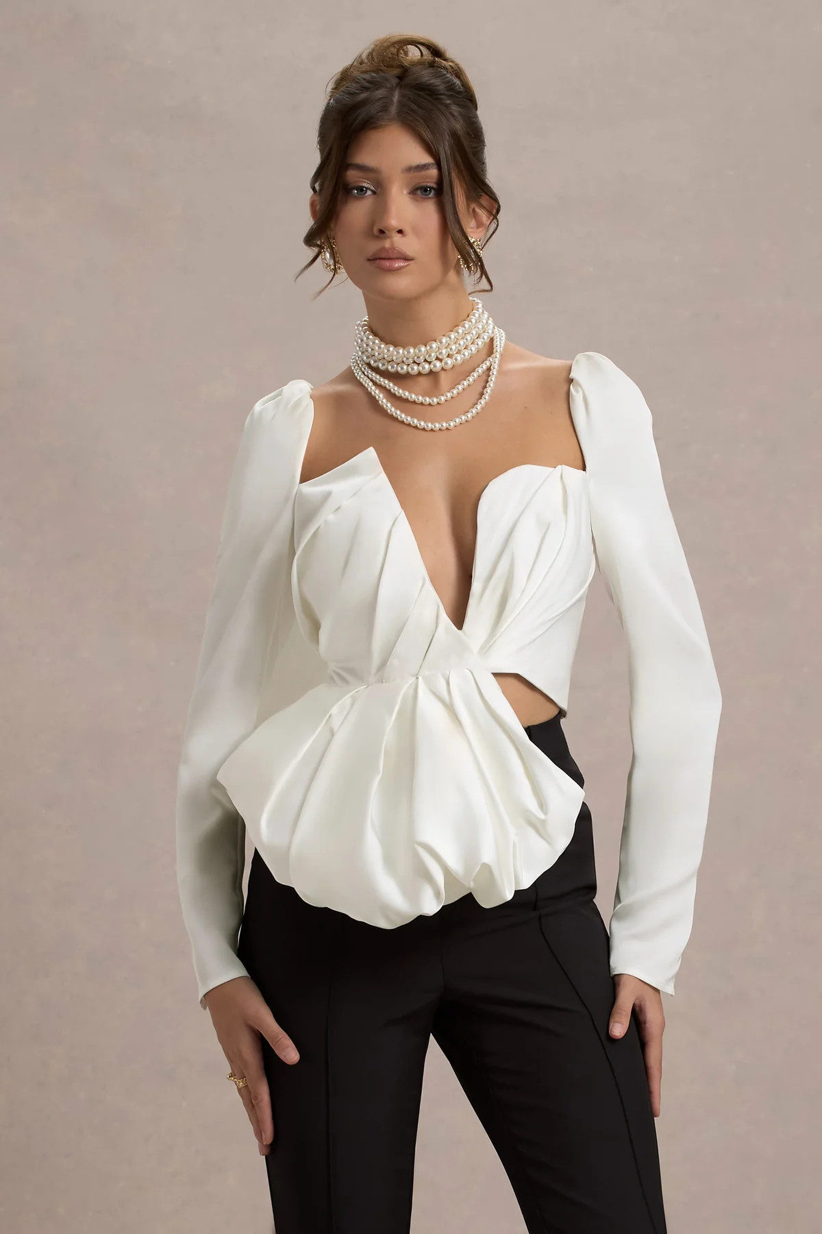 Bensley | Ecru Satin Asymmetric Plunge-Neck Top With Ruffle | Club L London