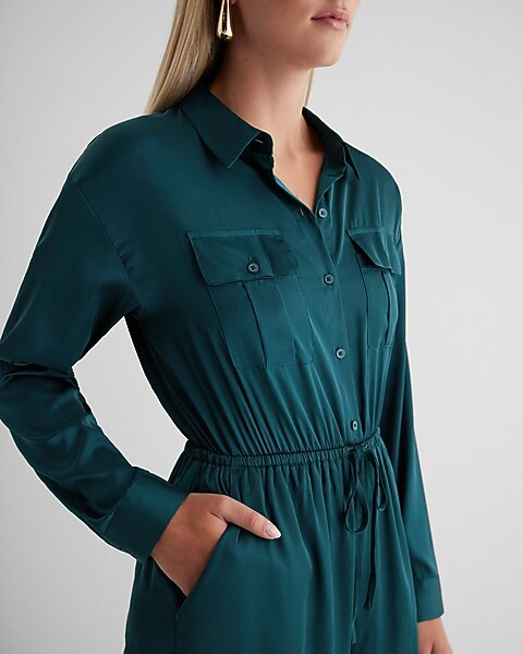 Button Front Tie Waist Wide Leg Cargo Jumpsuit | Express