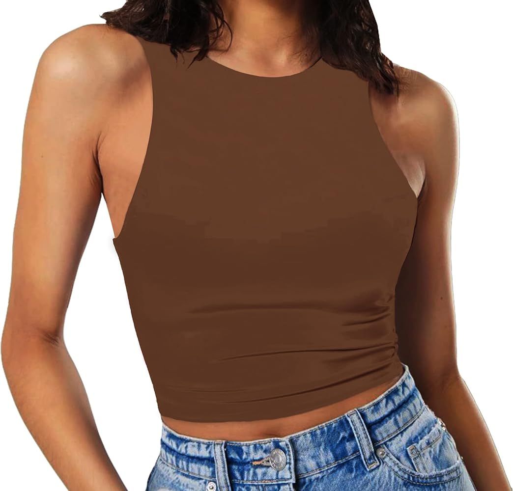 GEMBERA Women's High Neck Crop Tops Basic Racer Back Cropped Tank Sleeveless Shirts | Amazon (US)