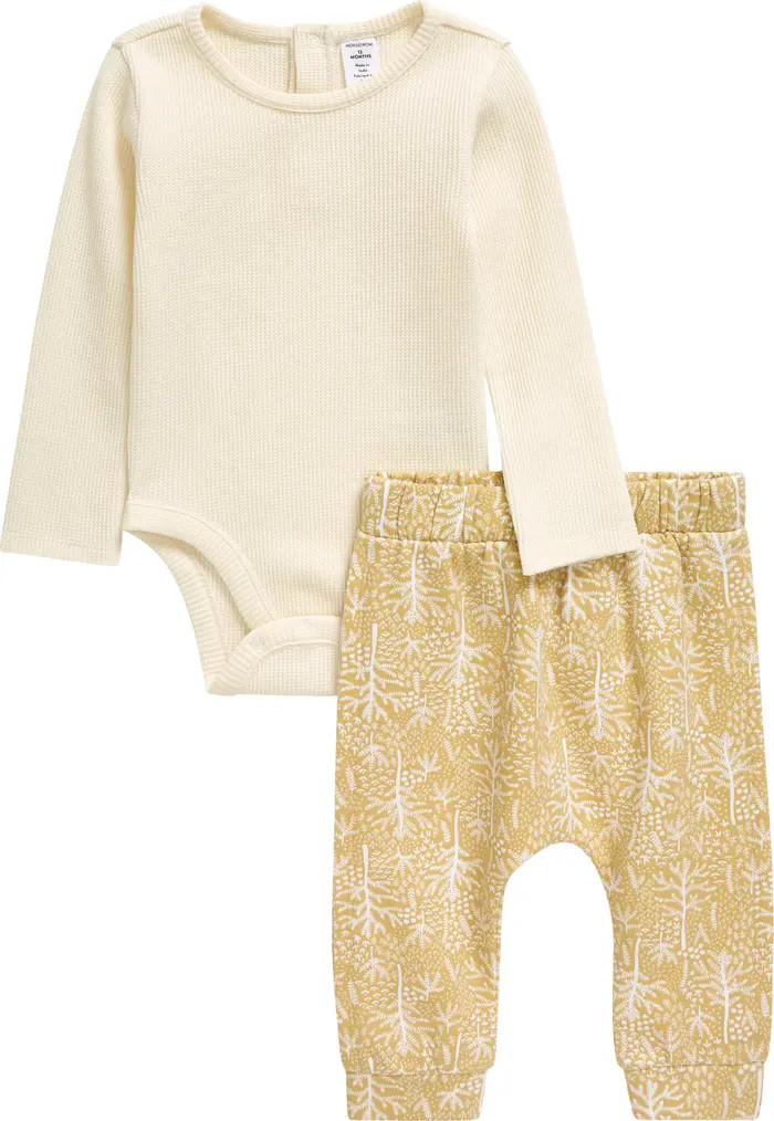 Waffle Cotton Bodysuit & Print Pants Set | Nordstrom