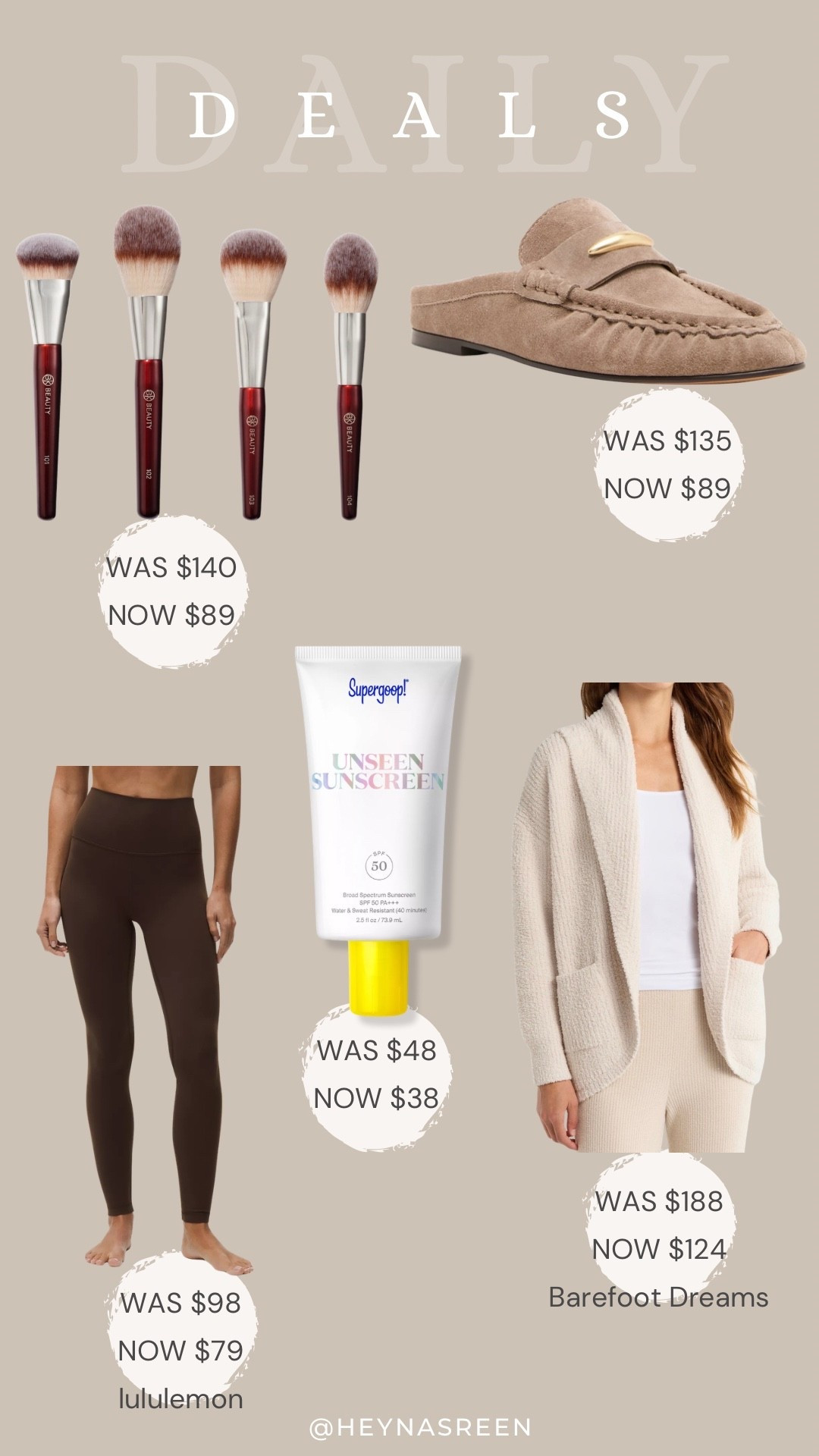 Daily deals on BK Beauty brush set, Sam Edleman loafers, Barefoot Dreams cardigan, SuperGoop sunscreen, lululemon leggings