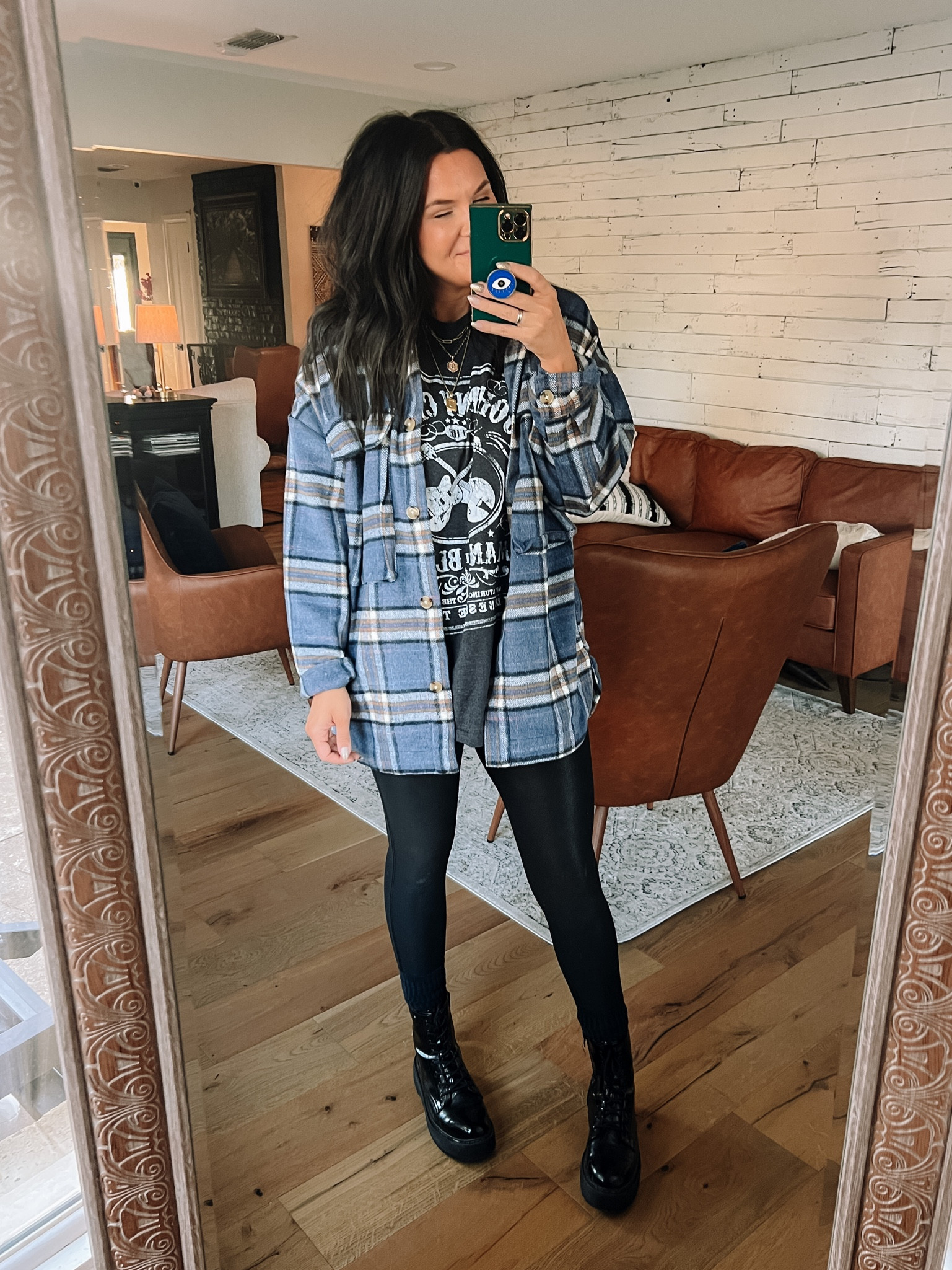 90’s Grunge Look. 
Plaid Navy Shacket (mines from PinkLily) XL
Graphic Tee: XXL
Legging: XL
Platform Combat Boots: TTS

#LTKstyletip #LTKunder50 #LTKshoecrush