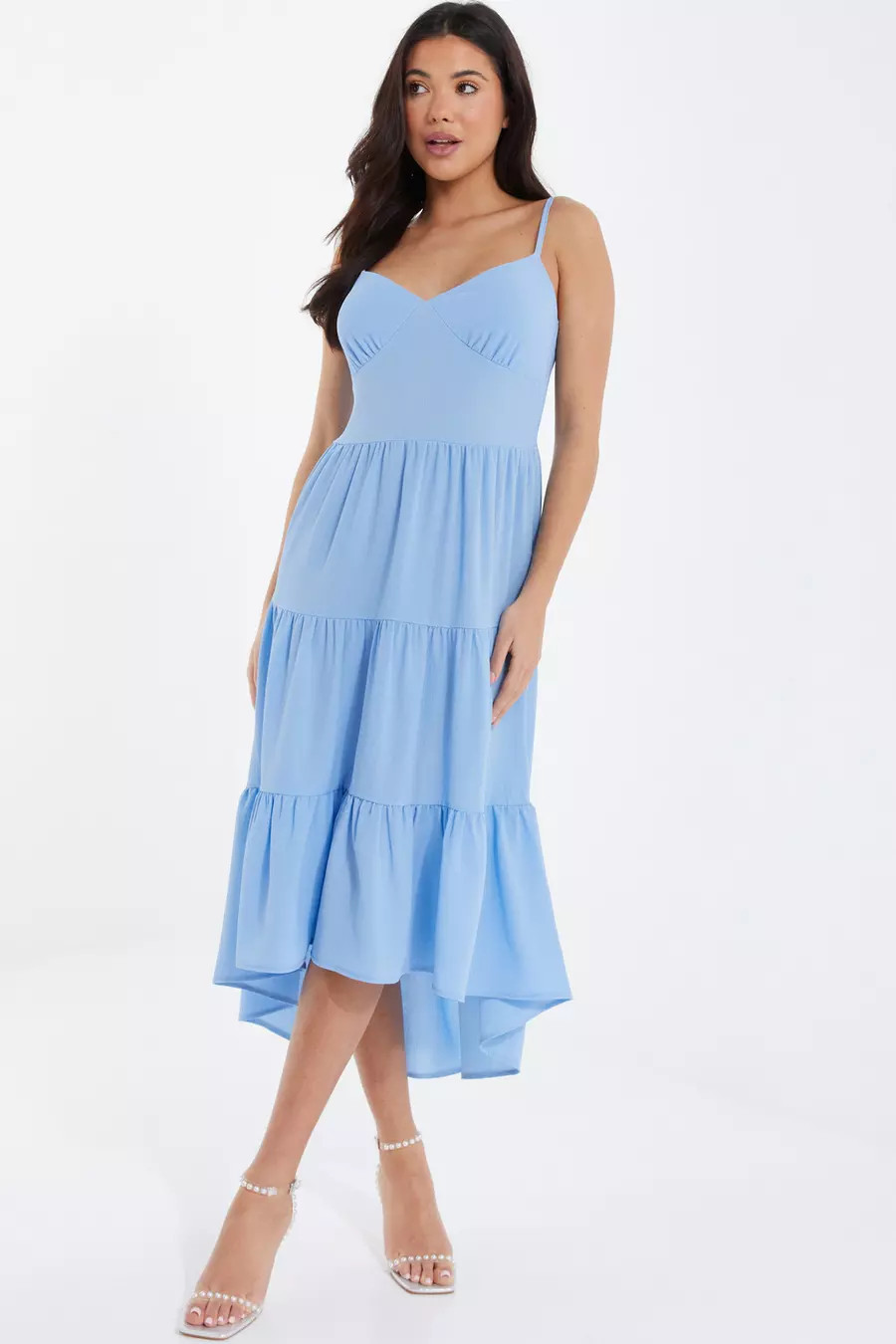 Light Blue Tiered Dip Hem Midi Dress | Quiz Clothing