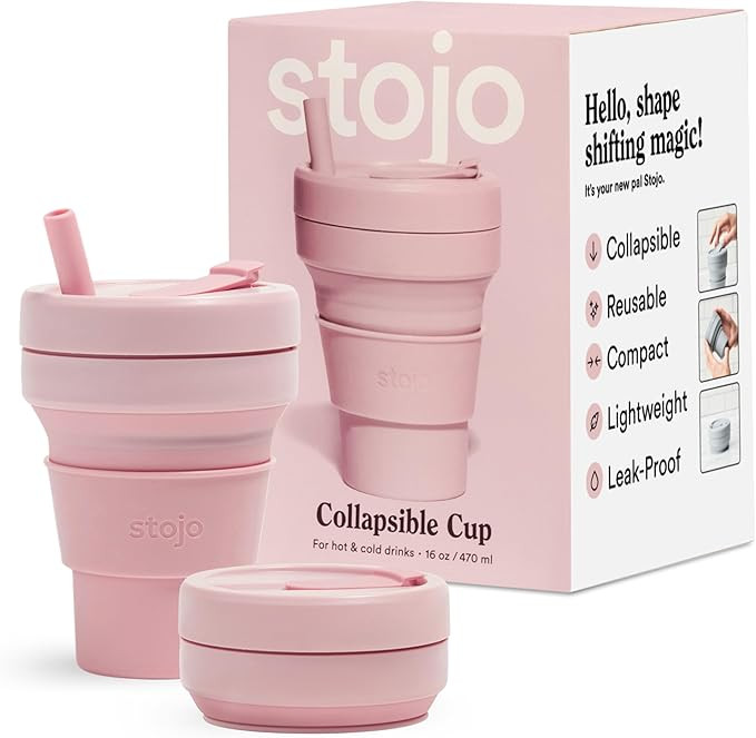 Stojo Collapsible Travel Cup With Straw - Carnation Pink, 16oz / 470ml - Reusable To-Go Pocket Si... | Amazon (US)