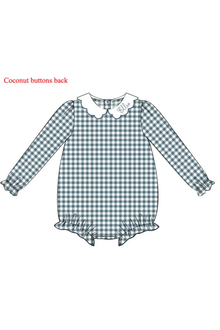 Pre-Order Custom Name Embroidered Stone Gingham Knit Scalloped Bubble | The Smocked Flamingo