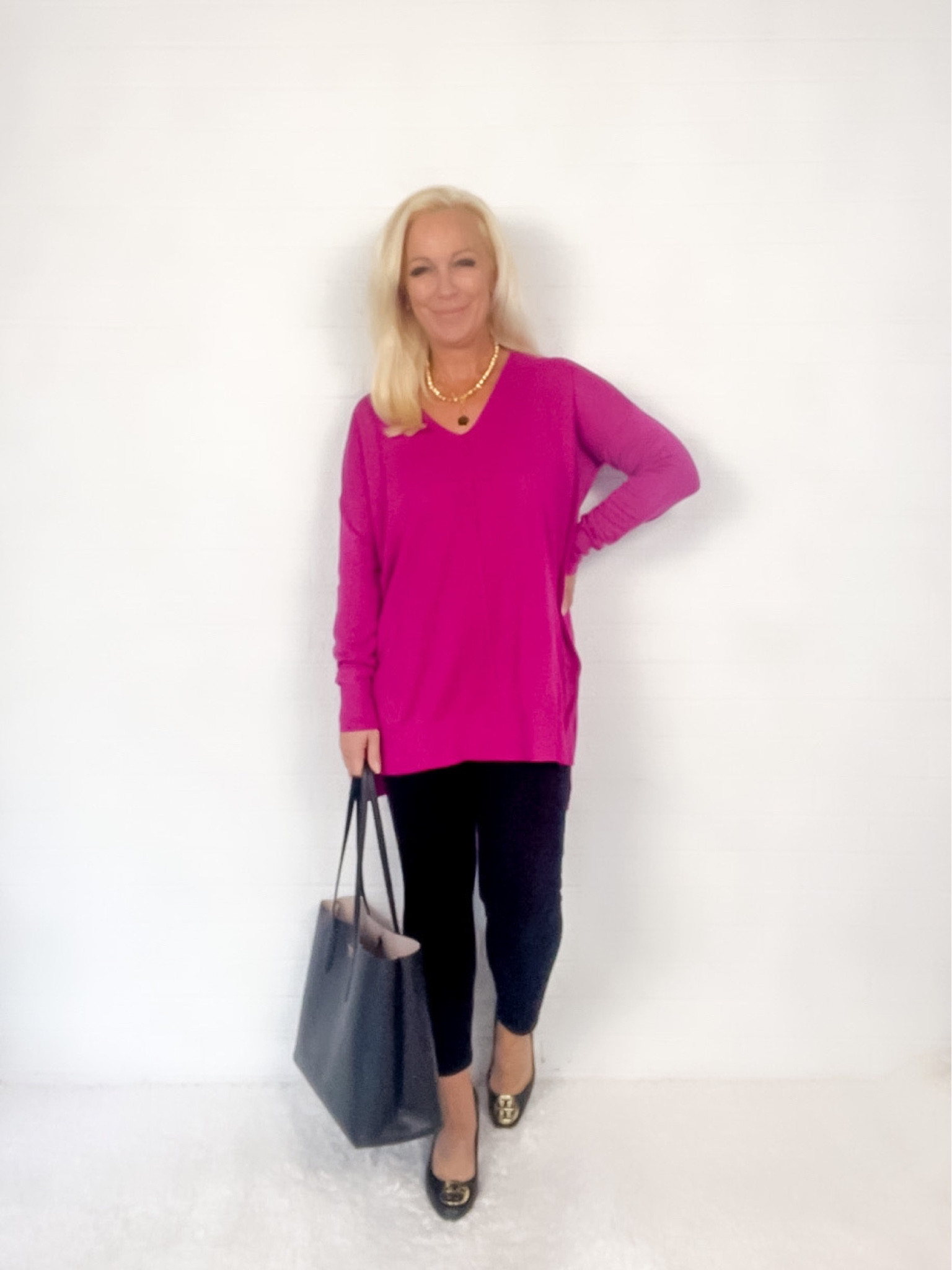 Business casual outfit in the spirit of Valentines Day! Magenta, oversized, sweater, comfy, black, ankle, jeans, wedge heels. 

#LTKFind #LTKsalealert #LTKworkwear
