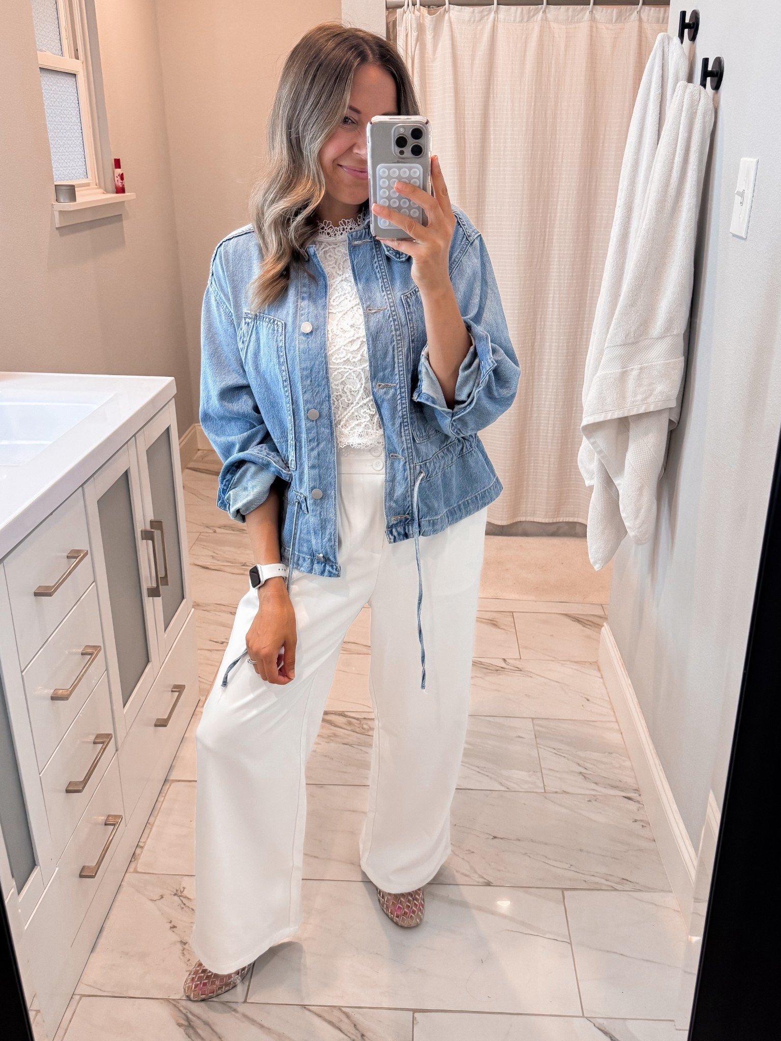 Small in top
XS in jacket 
Small in pants 

#LTKOver40 #LTKootd #LTKdayinmylife