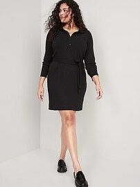 Fitted Rib-Knit Tie-Belt Long-Sleeve Mini Polo Dress for Women | Old Navy (US)