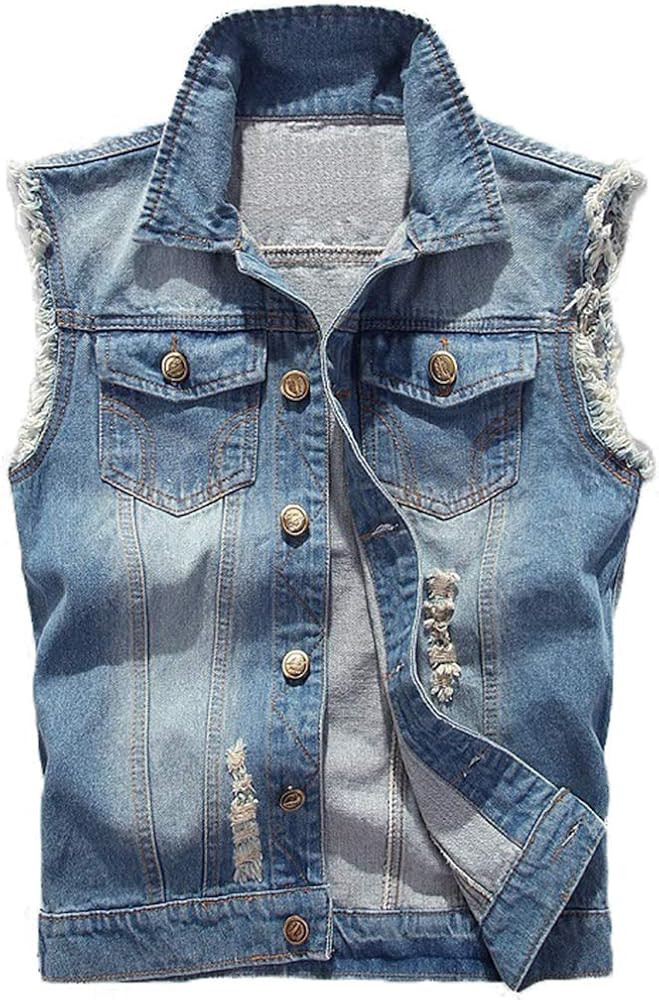 Saukiee Men's Casual Lapel Denim Vest Jacket Vintage Slim Fit Sleeveless Ripped Jeans Vests | Amazon (US)