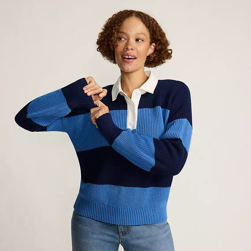 Women's Drifter Rugby with Woven Collar Sweater | Lands' End (US)