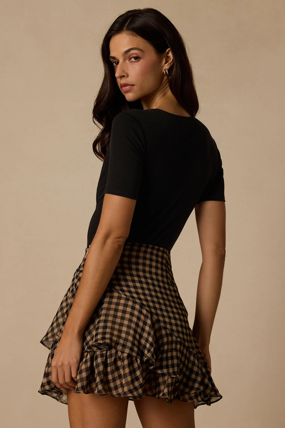 Noelle Tan and Black Gingham Ruffled Mini Skirt | Lulus