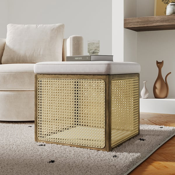 THE BEST 18.1'' Boho Rattan Storage Ottoman Square Foot Stool In Khaki & Natural For 2023 | Homar... | Homary