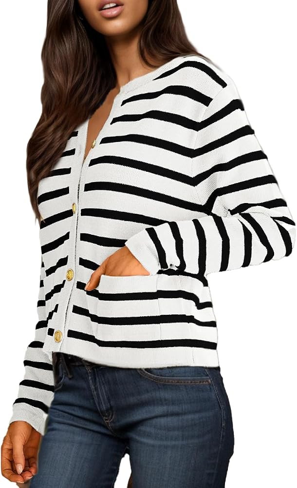GOLDSTITCH Womens Cardigans Striped Sweaters 2024 Crew Neck Gold Buttons Open Front Button Down K... | Amazon (US)