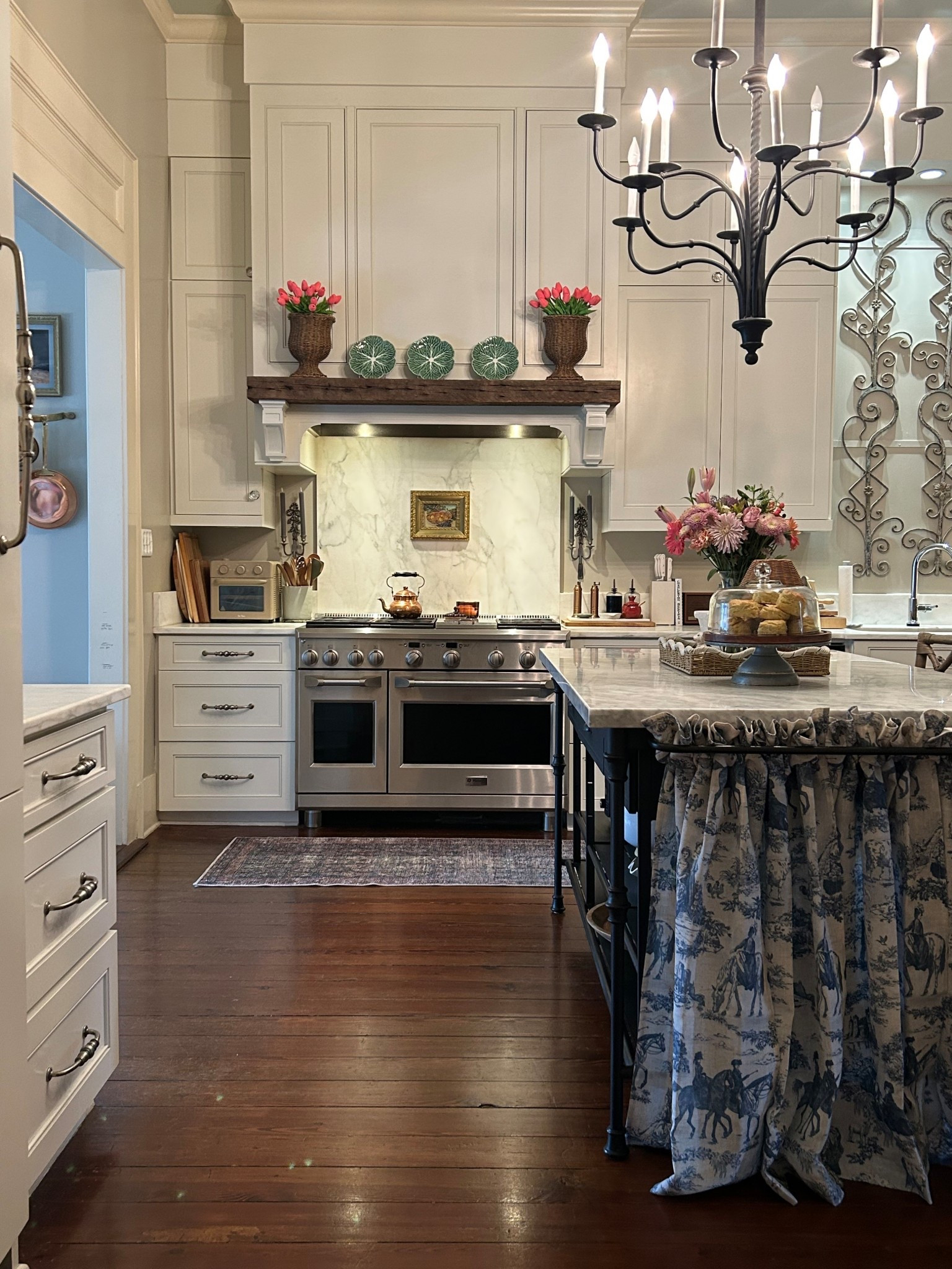 Toile curtains 
Kitchen decor 
Island decor 

#LTKSeasonal #LTKHome