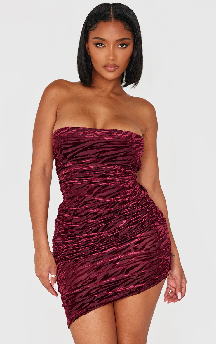Shape Burgundy Zebra Devore Bandeau Ruched Side Mini Dress | PrettyLittleThing US