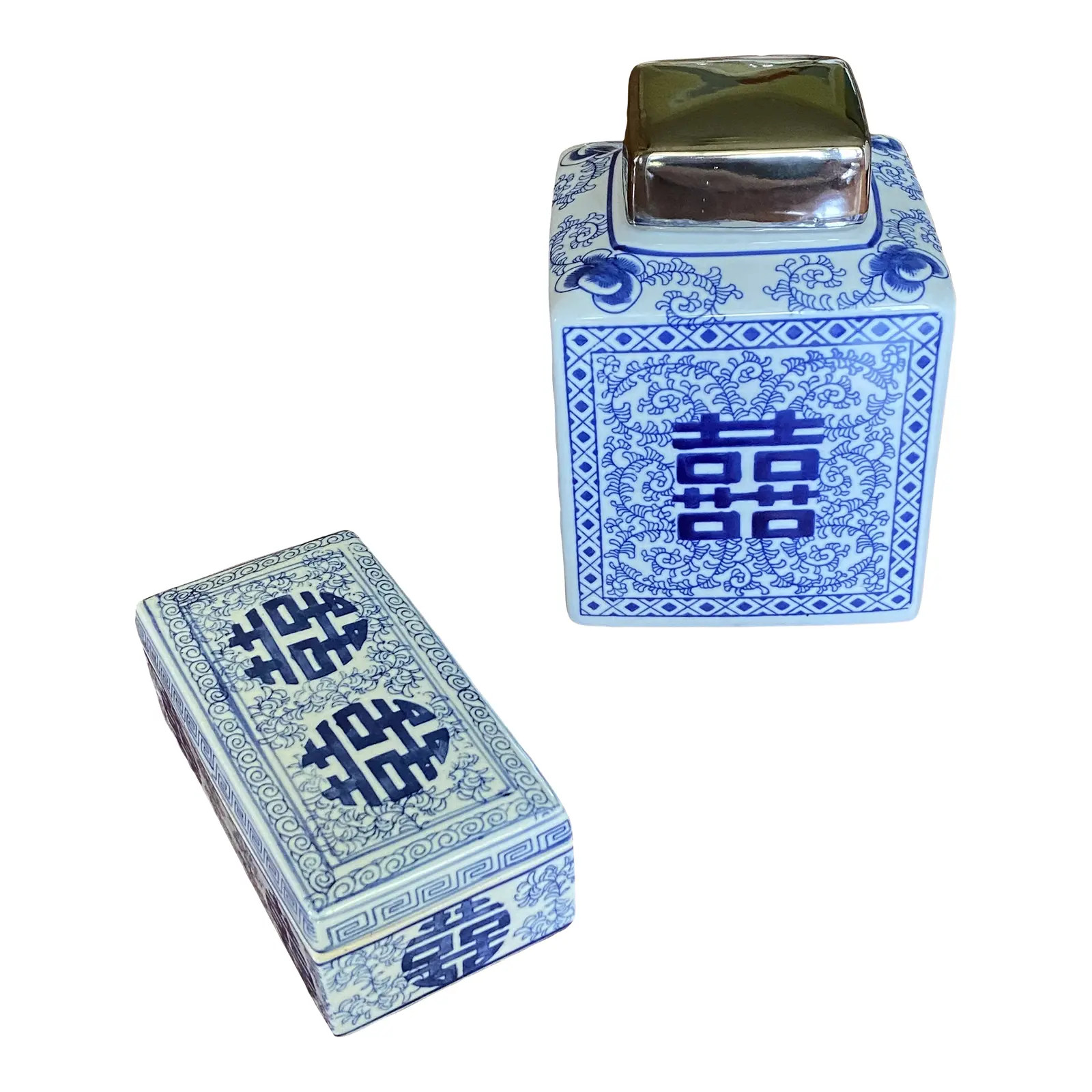 Vintage Blue and White Double Happiness Lidded Trinket Box & Lidded Tea Jar - Set of 2 | Chairish