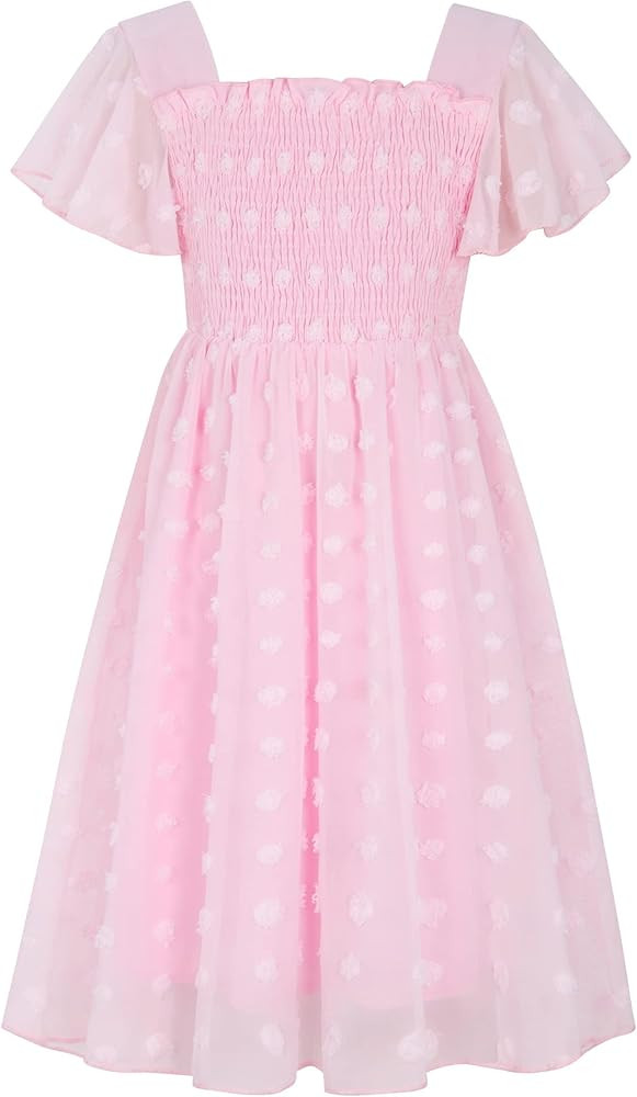 Kids4ever 6-12T Girls Chiffon Dress with Solid Pom Poms & Flutter Ruffle Short Sleeve Kids Lace S... | Amazon (US)