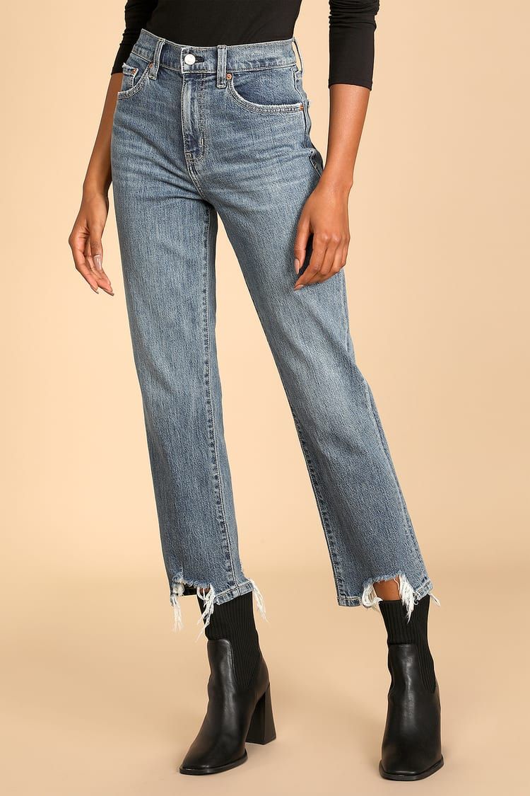 Straight Up Medium Wash High Rise Distressed Denim Jeans | Lulus (US)