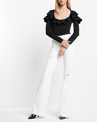 Mid Rise White Ripped 70s Flare Jeans | Express