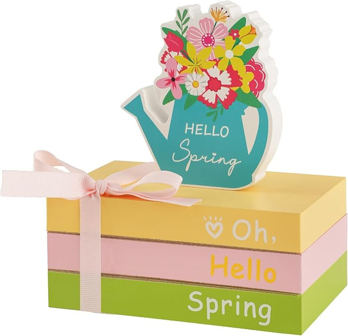 Spring Decoration for Home Tiered Tray Decor, Wooden Faux Book Stack with Floral Watering Can Sig... | Amazon (US)
