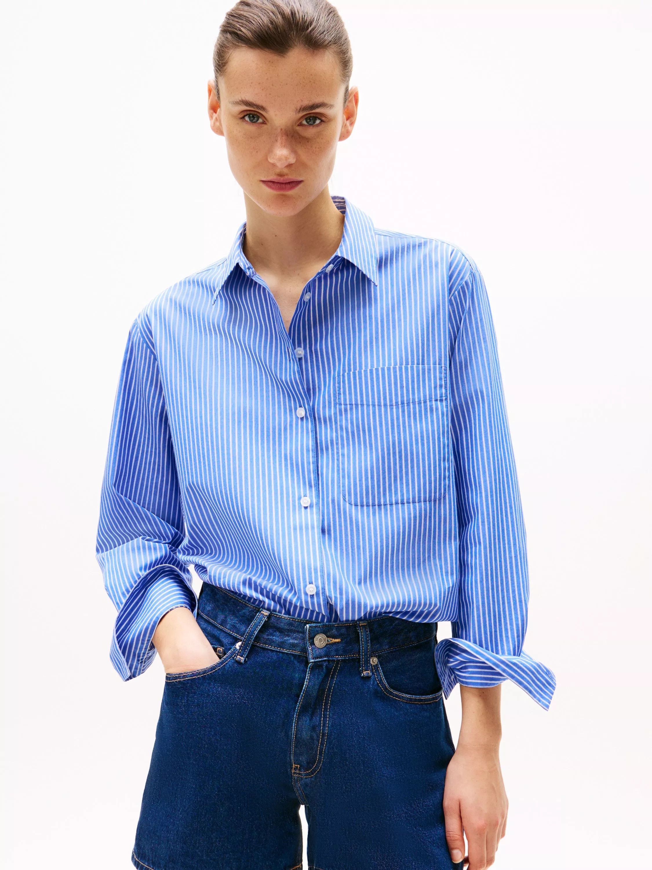 Tommy Hilfiger Essential Stripe Pure Organic Cotton Poplin Shirt, Blue | John Lewis (UK)