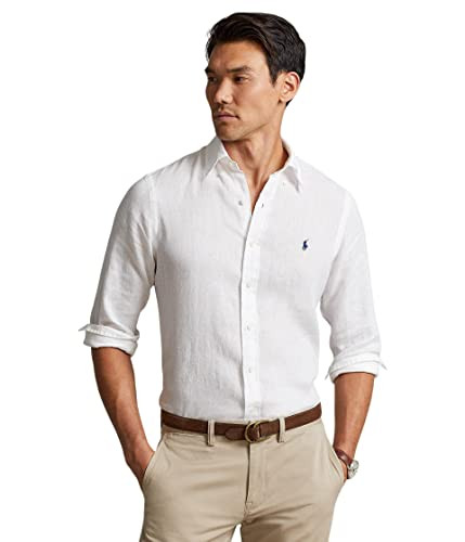 POLO RALPH LAUREN Men's Linen Long Sleeve Shirt, White, XL | Amazon (US)