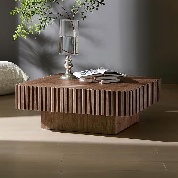 35" Handcraft Drum Square Wooden Coffee Table with Sturdy MDF Pedestal, Modern Style Solid Wood R... | Amazon (US)