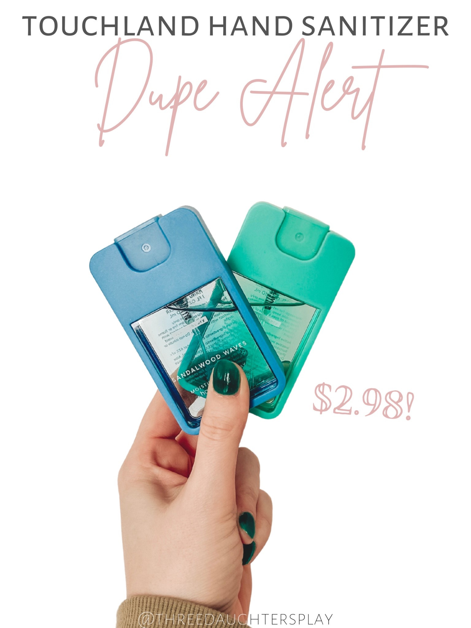 Have to share these!

If you’re like me, you love the Touchland spray hand sanitizers… they smell amazing & it’s much easier to quickly mist your hands (& kids’ hands!!) than a messy gel.

These are $4 vs. $10, and come in a bunch of scents! So far the blue sandalwood is my fav 🙌🏻

#LTKBeauty #LTKSaleAlert #LTKKids