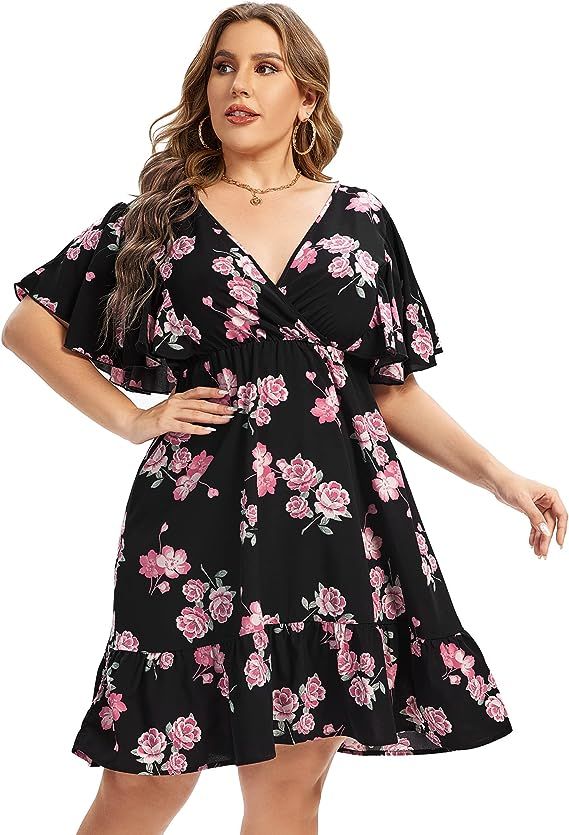 AMZ PLUS Women’s Plus Size Casual Floral Dress Butterfly Sleeve Flowy Swing Boho Dress | Amazon (US)