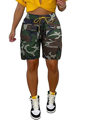 Vakkest Women's Camo Cargo Sexy Shorts High Waisted Army Fatigue Camouflage Plus Size Denim Short Pants Mid-Length | Amazon (US)