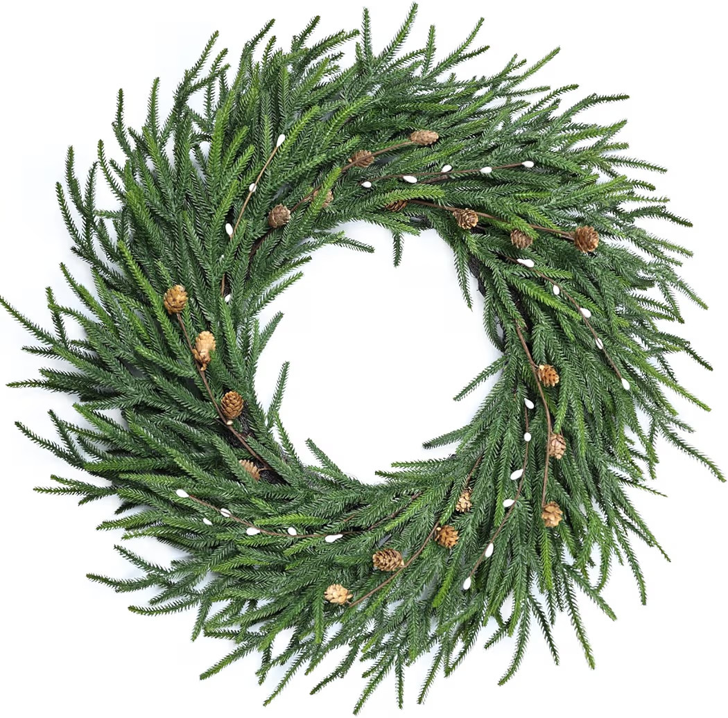 24 Inch Pine Wreath Christmas Wreaths for Front Door, Real Touch Pine Wreath with White Berries A... | Amazon (US)