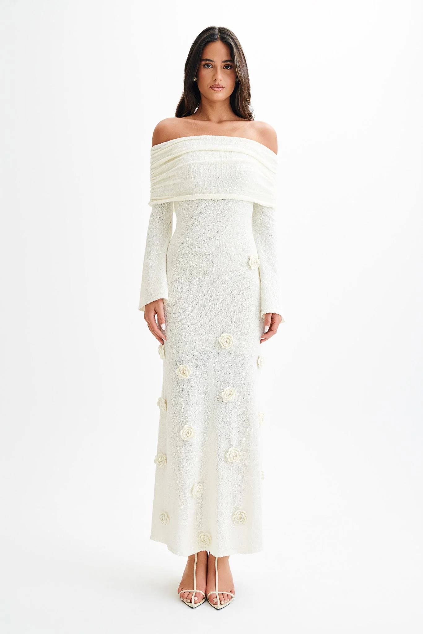 Kiki Off Shoulder Knit Rose Maxi Dress - Ivory | MESHKI US