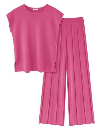 Ekouaer Lounge Sets for Women Two Piece Outfits Knit Cap Sleeve Tops Wide Leg Pleated Pants Casual Dressy Sweater Sets Pink | Amazon (US)