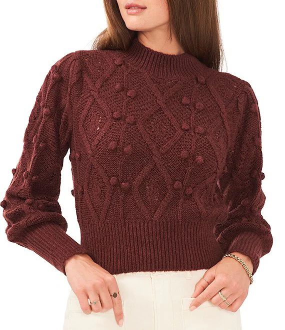 Chelsea & Violet Mock Neck Long Balloon Sleeve Pom Pom Cable Knit Sweater | Dillard's | Dillard's