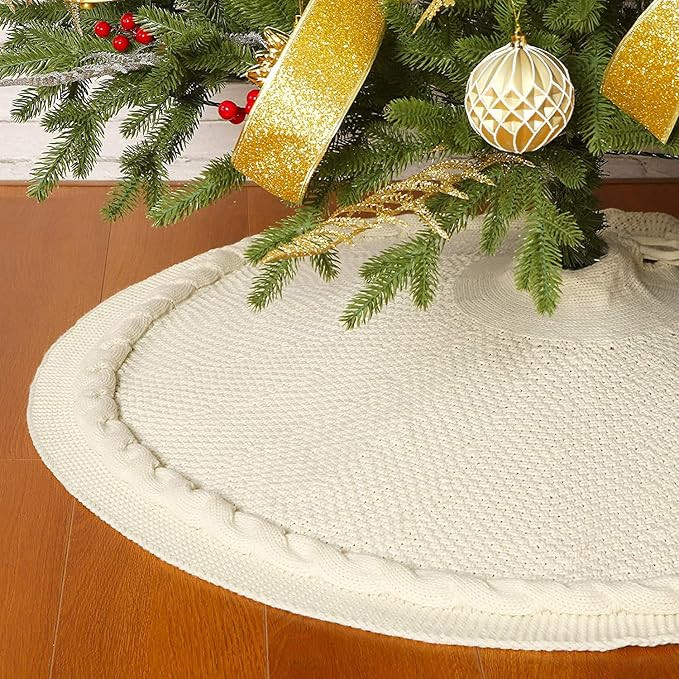 Sattiyrch Knit Christmas Tree Skirt,Luxury Cable Knitted Thick Rustic Xmas Tree Decoration (Cream... | Amazon (US)