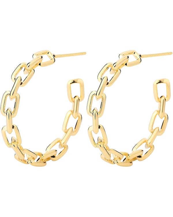 Hoop Earrings for Women - Chain Hoop Earrings Gold/White Gold - Link Hoop Stud Earrings | Amazon (US)