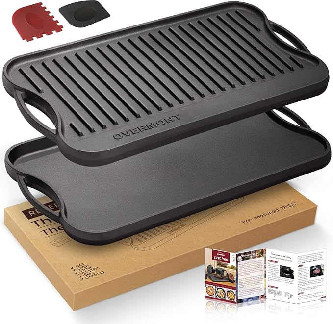 Overmont Pre-seasoned 17x9.8" Cast Iron Reversible Griddle Grill Pan with handles for Gas Stoveto... | Amazon (US)
